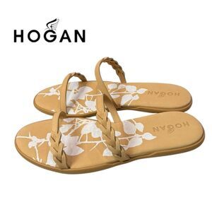 NEW Hogan Women's Double Plait Leather Apricot Slip-on Sandals 39 9